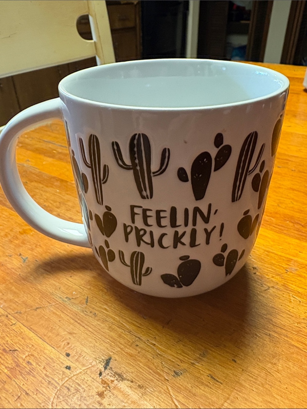 White Ceramic Cactus Mug with Brown Print - Feelin' Prickly